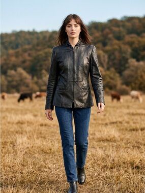 Jones New York Black Leather Zip-Front Jacket